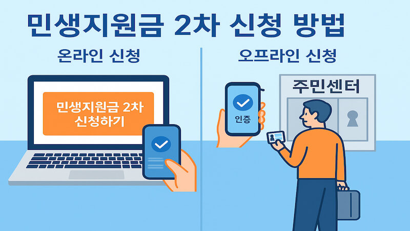 민생지원금 2차 신청 방법 인포그래픽, 온라인 신청(노트북 화면에 '민생지원금 2차 신청하기' 표시)과 오프라인 신청(주민센터 방문) 비교