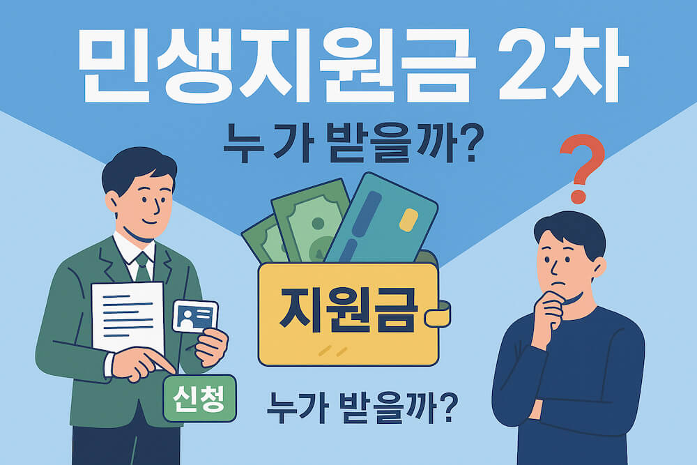 민생지원금 2차 신청 여부를 고민하는 사람과 신청하는 직장인, 지원금을 상징하는 카드와 지갑 일러스트