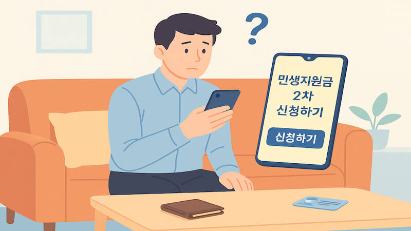 집에서 스마트폰으로 민생지원금 2차 신청 공지를 확인하며 고민하는 직장인 일러스트