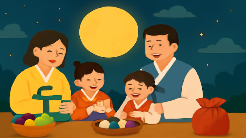2025 추석 지원금 총정리 서론 이미지, 한복을 입은 가족들이 즐겁게 송편을 빚는 따뜻한 명절 일러스트, 보름달과 전통 보자기 과일이 함께 있는 장면
