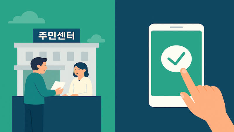 2025 추석 지원금 신청 안내 인포그래픽, 주민센터 직접 방문 신청 장면과 모바일 신청 장면을 좌우로 비교한 일러스트