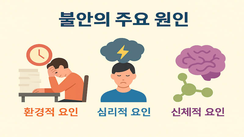 불안 증상의 주요 원인 3가지에 대해 설명하는 사진