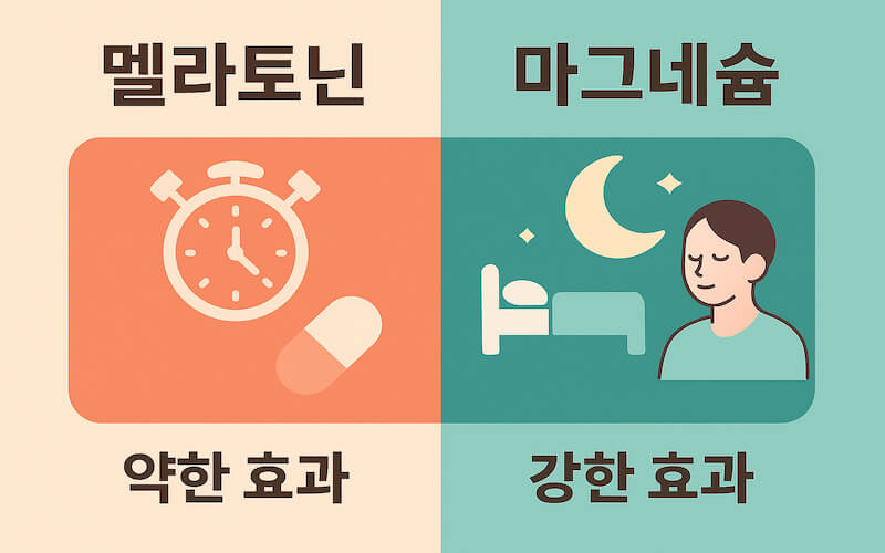멜라토닌과 마그네슘의 효과를 대비하여 나타낸 사진