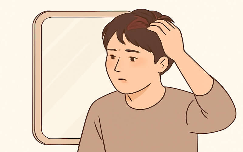 지루성 두피염 증상 – 기름지고 가려운 두피를 확인하는 한국인 남성 일러스트