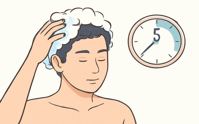 지루성 두피염 샴푸 거품을 두피에 올리고 5분 동안 유지하는 장면 일러스트
