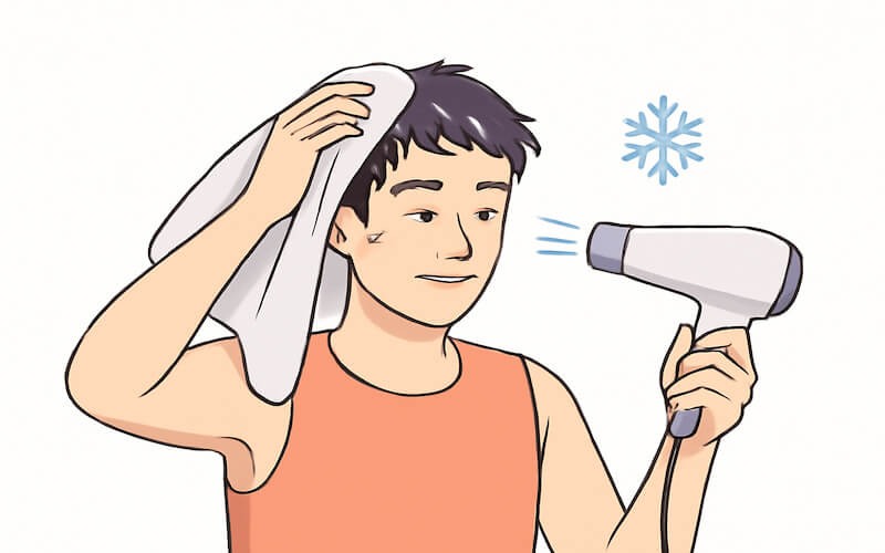 지루성 두피염 운동 후 수건과 냉풍 드라이어로 두피를 건조하는 장면 일러스트