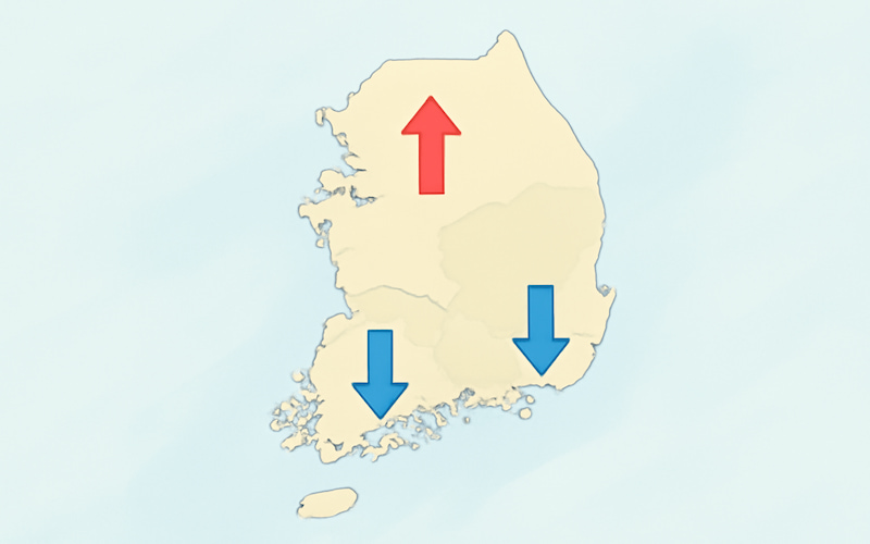 전기요금 지역별 차등요금제를 보여주는 대한민국 지도 인포그래픽, 수도권 인상과 제주·남부 인하 화살표 표시