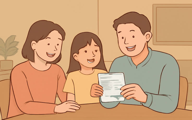 전기요금 지역별 차등요금제 속에서도 전기요금 절약에 성공해 고지서를 보며 웃는 가족의 모습