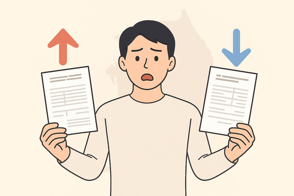 전기요금 지역별 차등요금제 인상과 인하를 상징하는 두 장의 고지서를 들고 당황한 사람의 모습