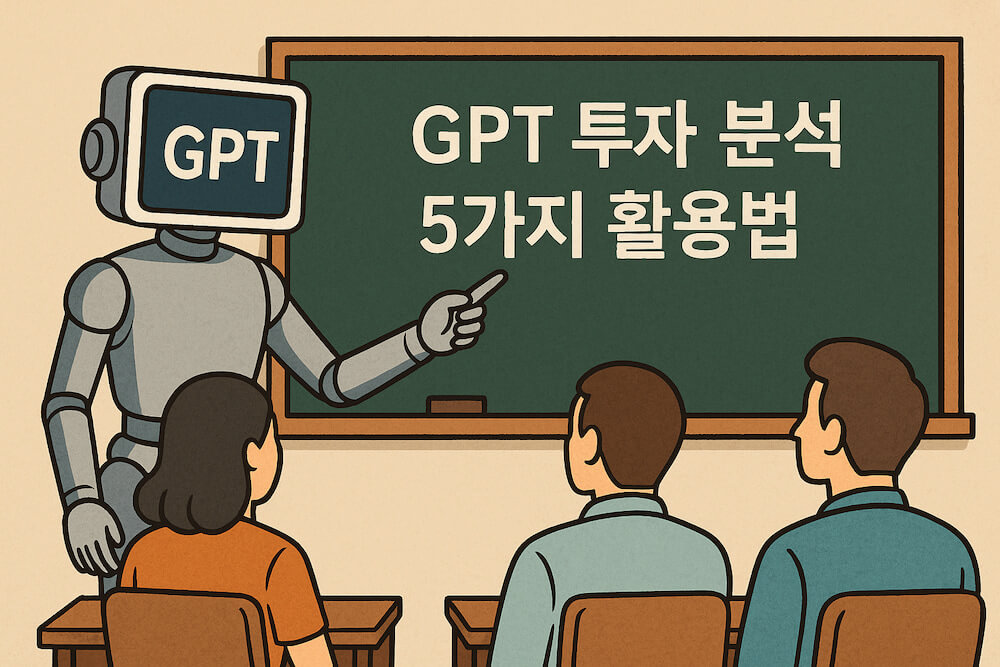 GPT 투자 분석 5가지 활용법 강의하는 로봇 일러스트, 초보자도 10분 만에 배우는 AI 재테크 가이드