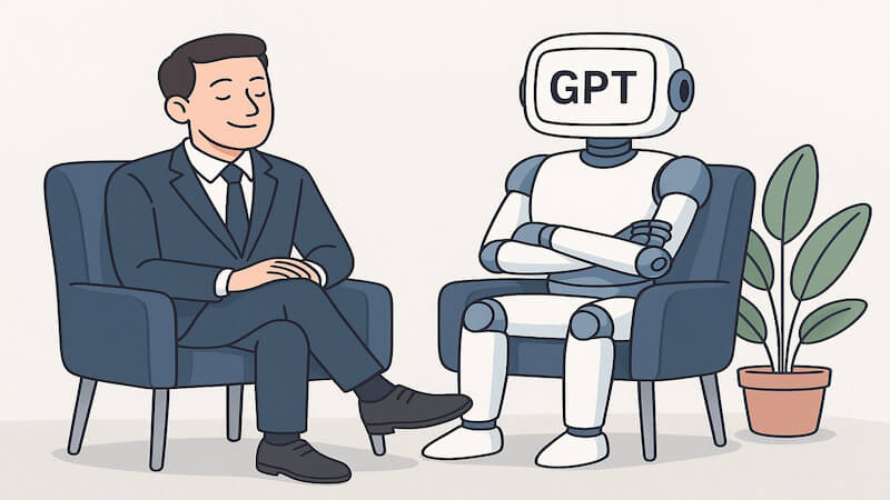 GPT 로봇 비서가 자산 관리 서류를 설명하고, 남자가 다리를 꼬고 앉아 차분히 듣는 장면 일러스트