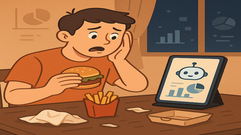 야식 앞에 앉은 남자가 거치대 스마트폰 속 AI 챗봇의 지출 그래프를 보고 놀라는 장면