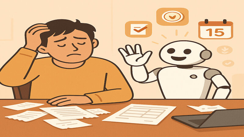 책상 위에 영수증과 계산서가 흩어져 있고, 지친 사람이 앉아 있으며 옆에서 AI 로봇이 손바닥을 펴 보이며 AI 세무 자동화를 돕는 모습을 표현한 플랫 스타일 일러스트.