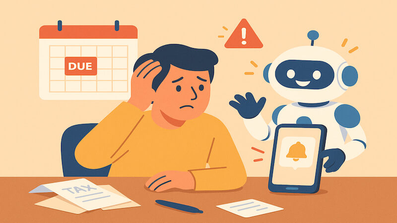 세무 마감일 달력을 보며 불안해하는 사람 옆에서 AI 로봇이 스마트폰 알림을 보여주며 AI 세무 자동화의 일정 관리 기능을 돕는 플랫 스타일 일러스트.