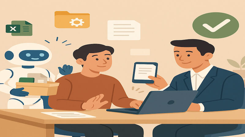 AI 로봇이 정리된 파일을 세무사에게 전달하고, 세무사는 노트북 앞에서 자료를 검토하며 고개를 끄덕이는 모습으로 AI 세무 자동화가 세무사 협업을 돕는 장면을 표현한 플랫 스타일 일러스트
