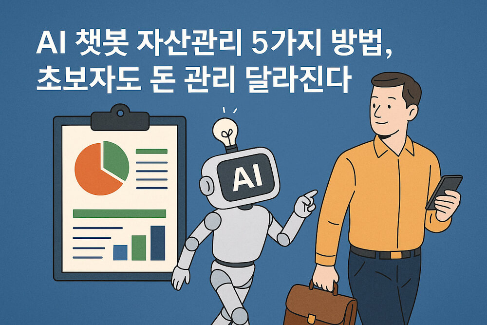 AI 챗봇 자산관리 5가지 방법 일러스트, GPT 로봇이 비서처럼 투자와 지출을 관리해주는 장면