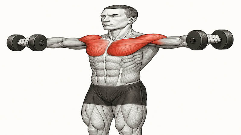 사이드 레터럴 레이즈 동작을 수행하는 남성 근육 해부학 일러스트, 삼각근이 붉게 강조되어 자극 부위를 보여주는 교육용 이미지