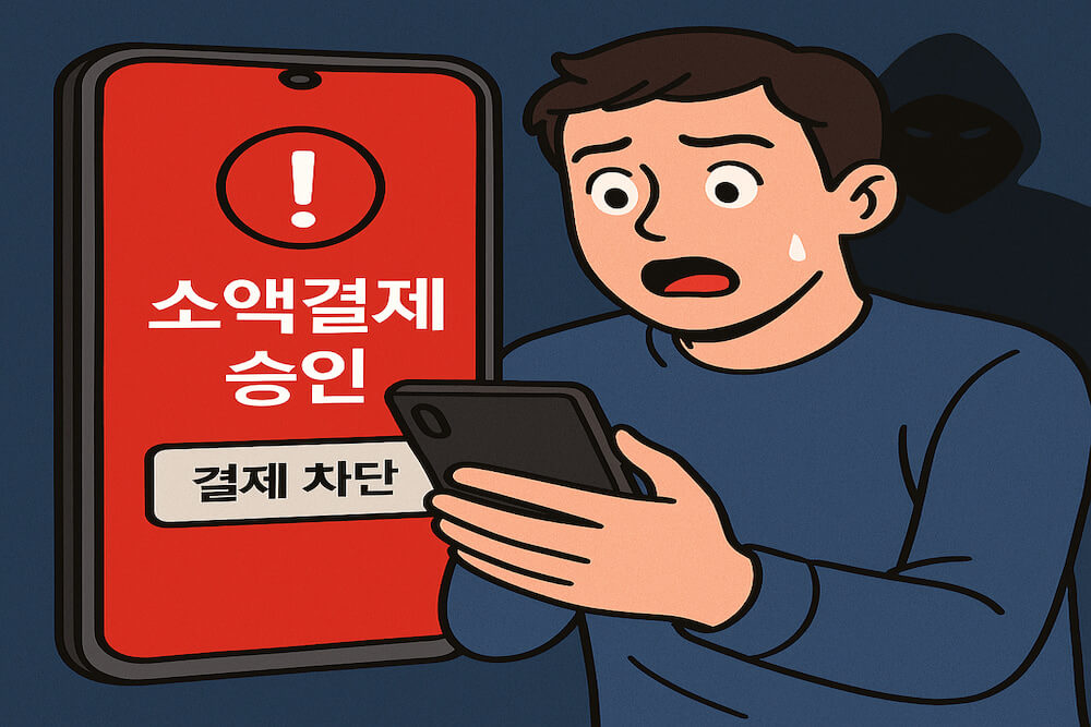 KT 소액결제 피해 경고와 예방 방법을 강조하는 스마트폰 알림 이미지