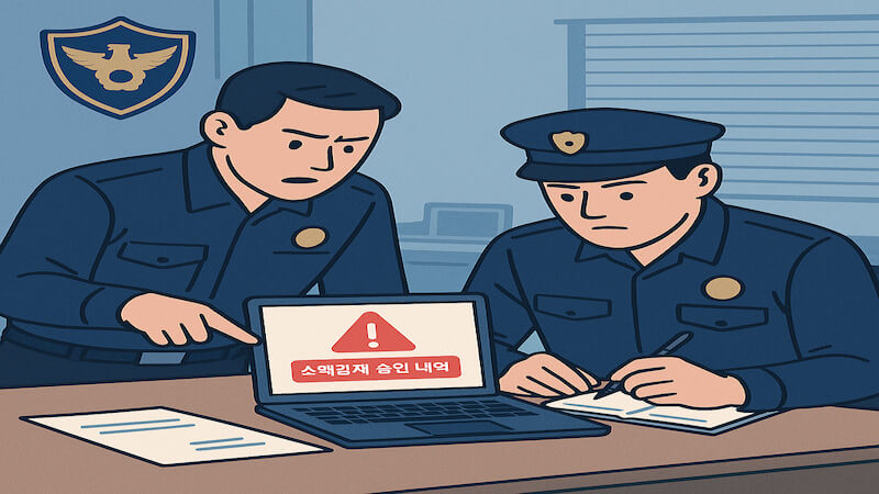 KT 소액결제 피해 사건을 조사하는 경찰관들의 일러스트