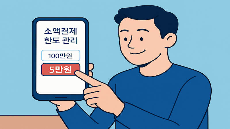 KT 소액결제 한도를 100만원에서 5만원으로 낮추는 스마트폰 설정 장면 일러스트