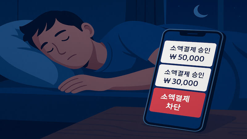 KT 소액결제 승인 알림이 연속으로 뜨는 동안 침대에서 자고 있는 남자와 소액결제 차단 버튼이 표시된 스마트폰 일러스트