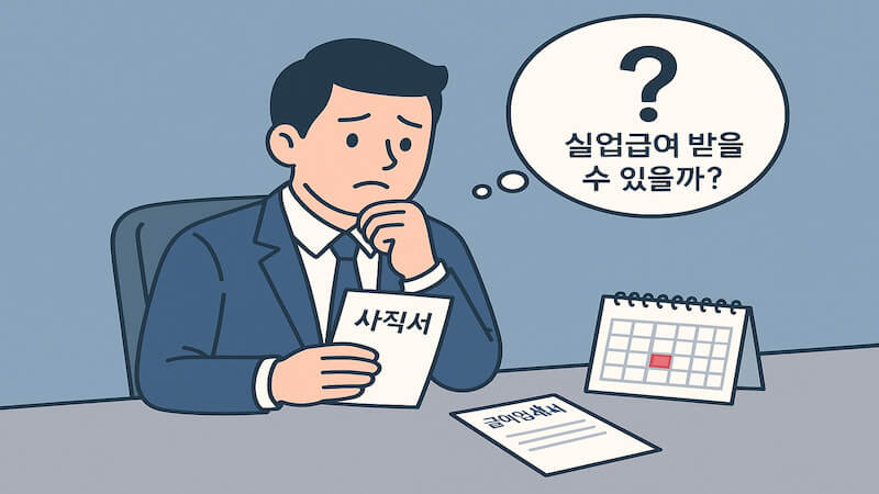 사직서를 들고 실업급여 받을 수 있을지 고민하는 직장인 일러스트