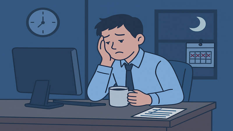 야근으로 피곤한 직장인이 밤늦게까지 근무하는 장면, 과도한 근로시간으로 자진퇴사 실업급여 조건에 해당