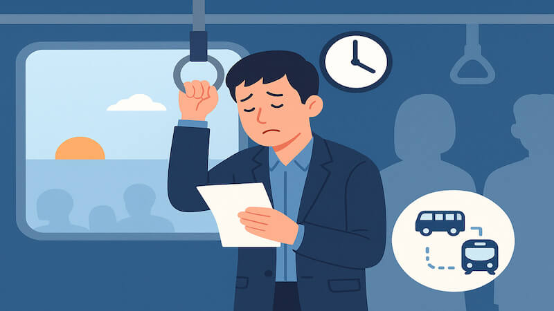 대중교통으로 장시간 통근하며 피곤해하는 직장인, 왕복 3시간 이상 통근으로 자진퇴사 실업급여 조건에 해당