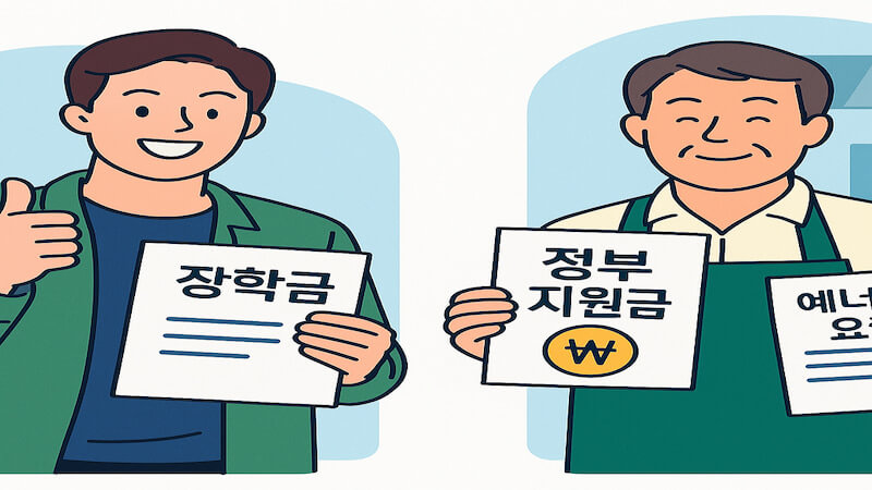 2025 정부 지원금 중 교육 지원과 소상공인 지원을 시각적으로 표현한 이미지