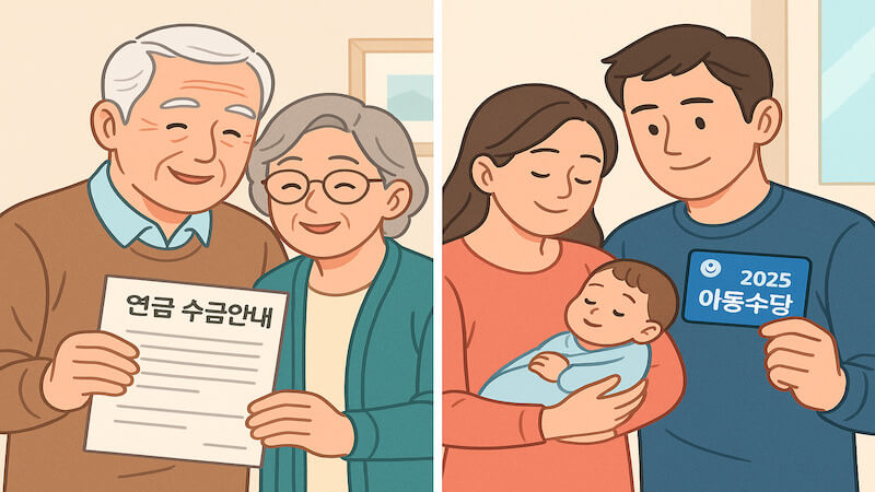 2025 정부 지원금 중 노년층 연금 혜택과 육아 아동수당 지원을 시각적으로 보여주는 이미지