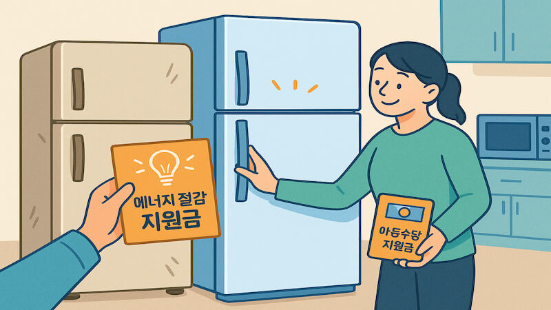 2025 정부 지원금으로 에너지 효율 1등급 냉장고 교체한 일러스트