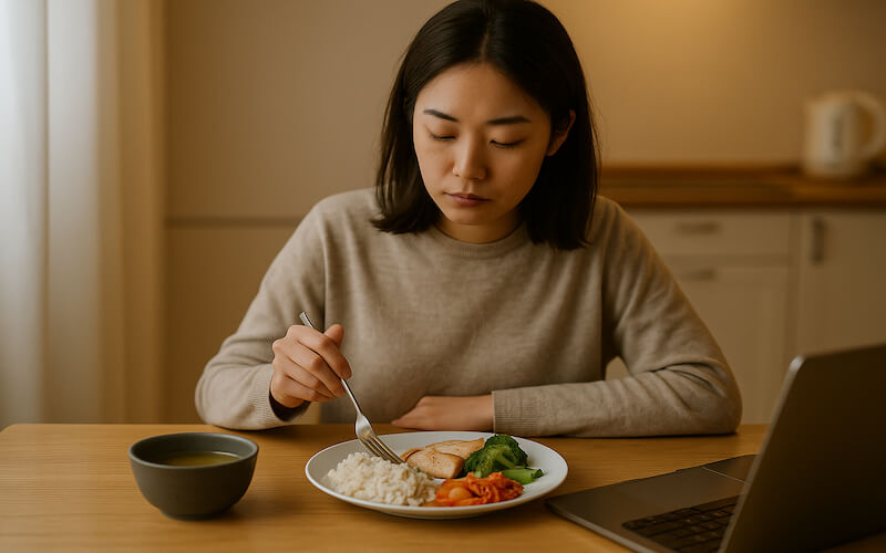 혼밥 건강식, 혼자 식탁에서 균형 잡힌 식사를 하는 한국인 여성