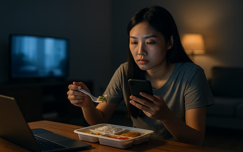 혼자 밤에 편의점 도시락을 먹으며 스마트폰을 보는 한국인 여성, 피곤한 표정의 혼밥 장면