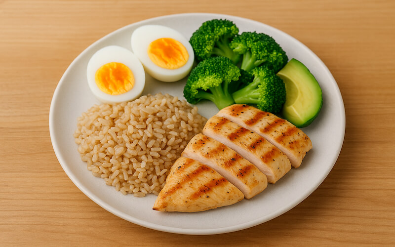 혼밥 건강식 구성, 현미밥과 구운 닭가슴살, 삶은 달걀, 브로콜리, 아보카도가 담긴 균형 잡힌 한 끼 식단