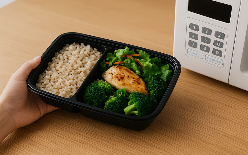 바쁜 직장인을 위한 간편 혼밥 도시락, 현미밥과 구운 닭가슴살, 브로콜리, 샐러드가 담긴 식단