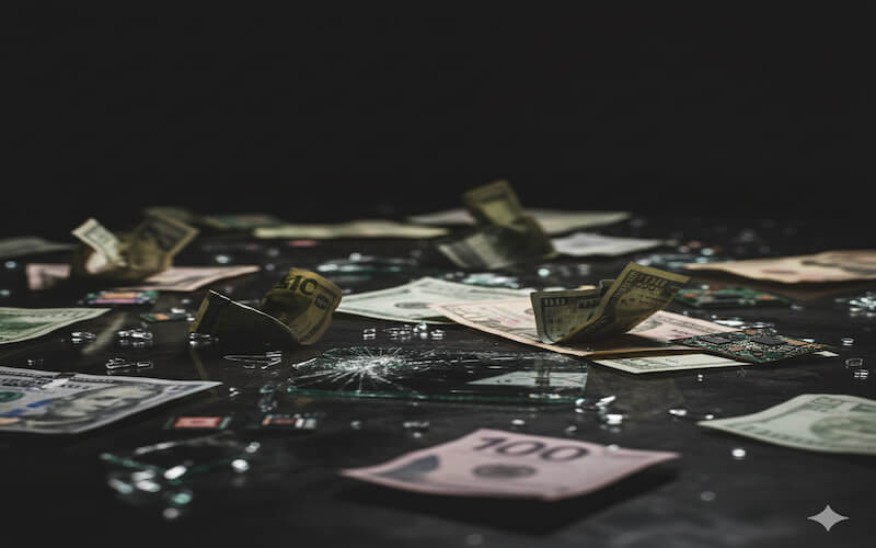 비트코인 폭락으로 인해 흩어지고 파손된 현금과 디지털 파편들이 트럼프 정책발 관세 충격으로 인한 투자 손실을 상징함