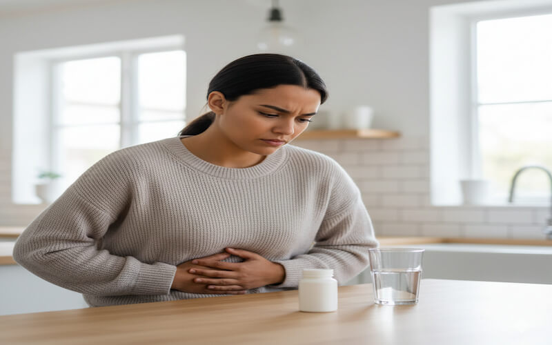 위고비 복용 후 속 울렁거림으로 배를 부여잡고 힘들어하는 여성의 모습
