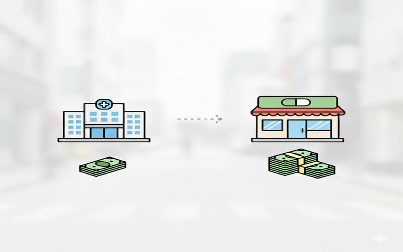 위고비 최종 가격에서 병원 진료비보다 약국 판매가 마진이 훨씬 높음을 시각적으로 보여주는 인포그래픽.