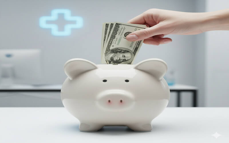 위고비 처방 전 현명한 가격 정보로 500만원 절약, 저금통에 $100 지폐를 넣는 모습