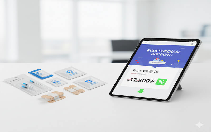 온라인 쇼핑몰을 통해 주사 바늘 등 의료 소모품을 대량 구매하여 위고비 관련 비용을 절감하는 인포그래픽.