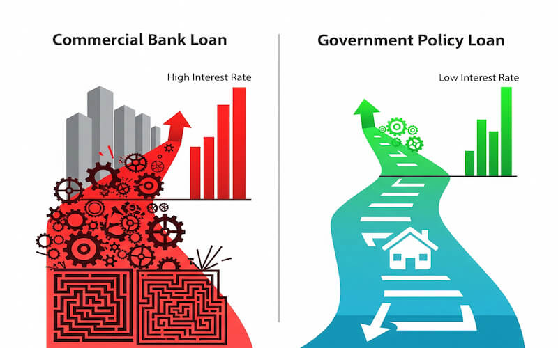 "일반 은행 주택담보대출과 정부 정책 대출의 복잡성 및 금리 이점 비교 시각화"
