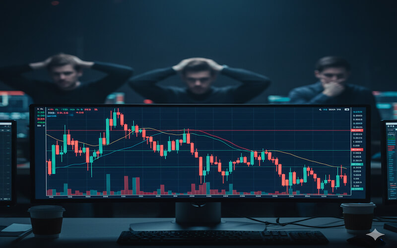 트럼프 정책 관세 리스크로 인해 급락한 비트코인 거래 화면과 불안해하는 투자자들의 모습