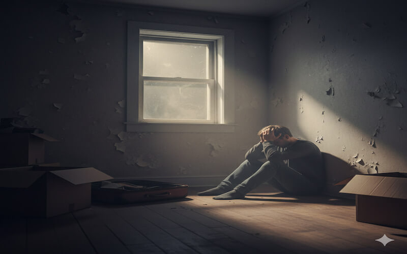 전세사기 피해로 인해 어둡고 낡은 방 구석에 앉아 절망감과 고통 속에 고개를 파묻고 있는 사람의 모습.