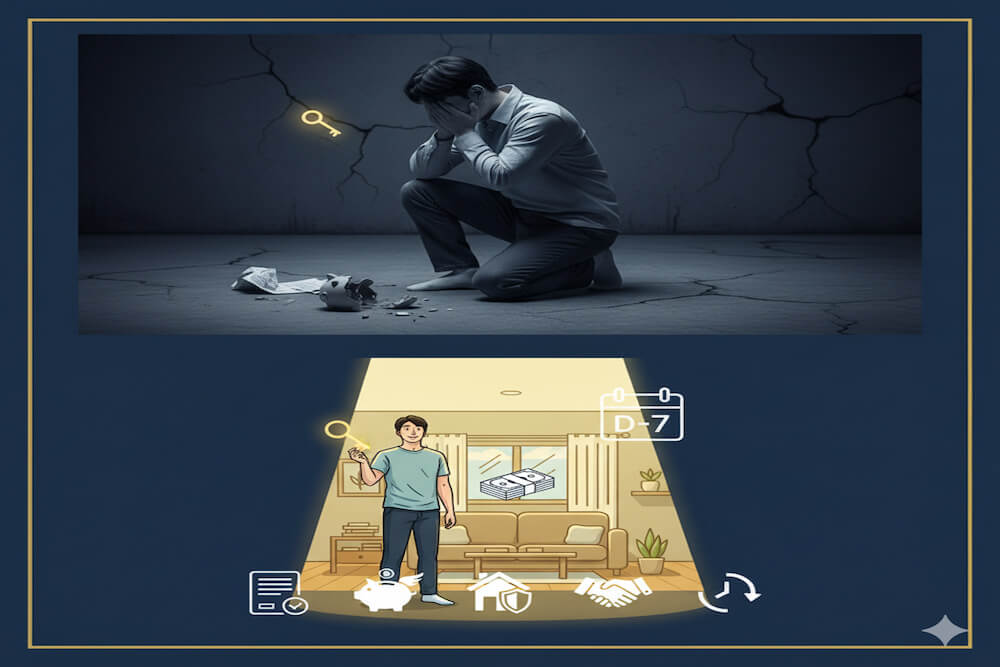 전세사기의 절망 속에서 빛을 향해 손을 뻗는 사람의 모습, 그 위로 '선구제 후회수' 로고와 '7일-2억-10년' 키워드가 희망의 화살표처럼 떠오르는 이미지.