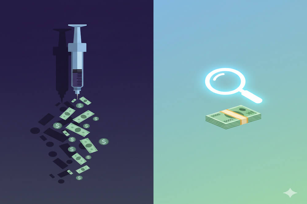 위고비 주사 그림자가 돈이 흩뿌려지는 모습으로 변하고, 돋보기가 쌓인 돈을 비추는 그림으로, 숨겨진 위고비 비용 위험과 현명한 정보 탐색을 통한 절약을 상징하는 이미지.