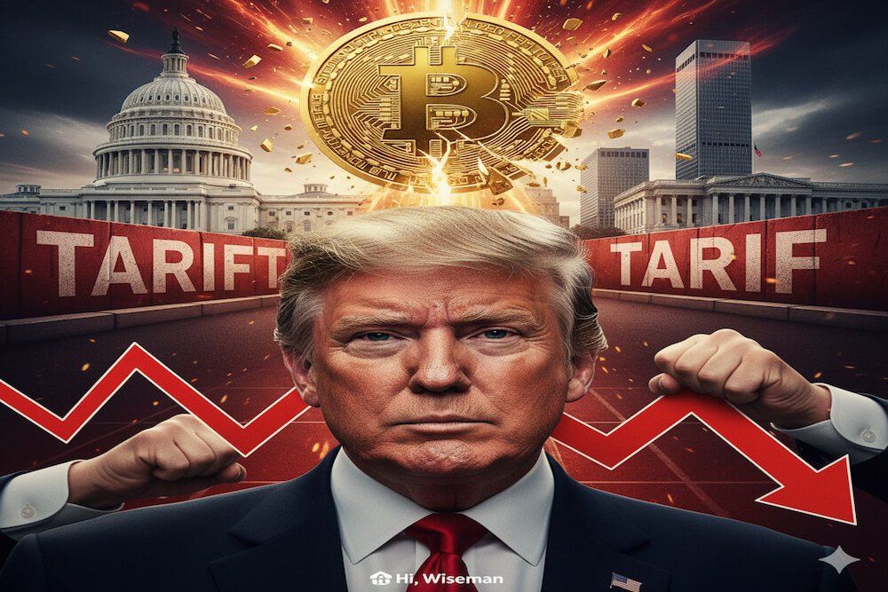 트럼프의 관세 정책이 비트코인 시장 폭락을 유발하는 시각적 묘사; 혼란 속 현명한 투자 전략 제시
