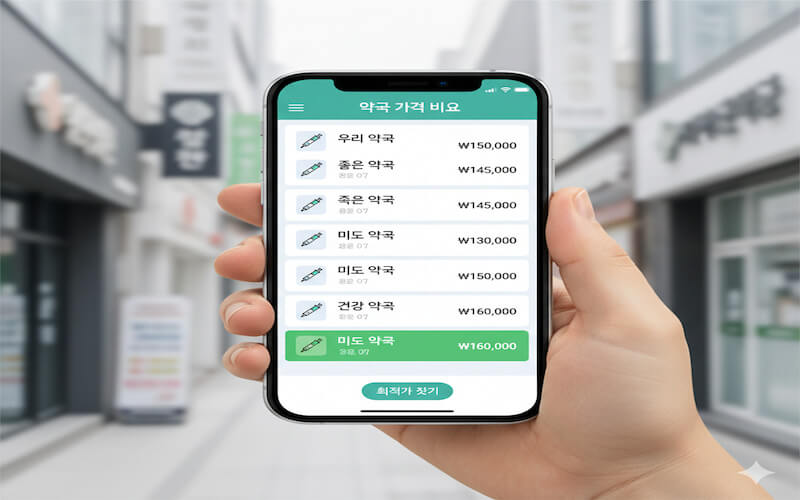 스마트폰 약국 가격 비교 앱으로 위고비 등 특정 약물의 최저가를 찾아 절약하는 모습을 보여주는 인포그래픽.
