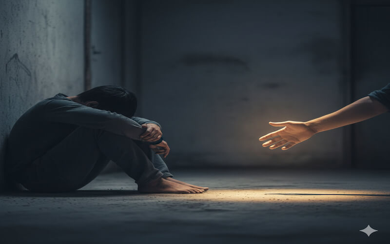 전세사기 피해로 좌절한 사람에게 따뜻한 손길이 내밀어져, 사각지대 해소와 구제를 통한 희망을 상징하는 장면.