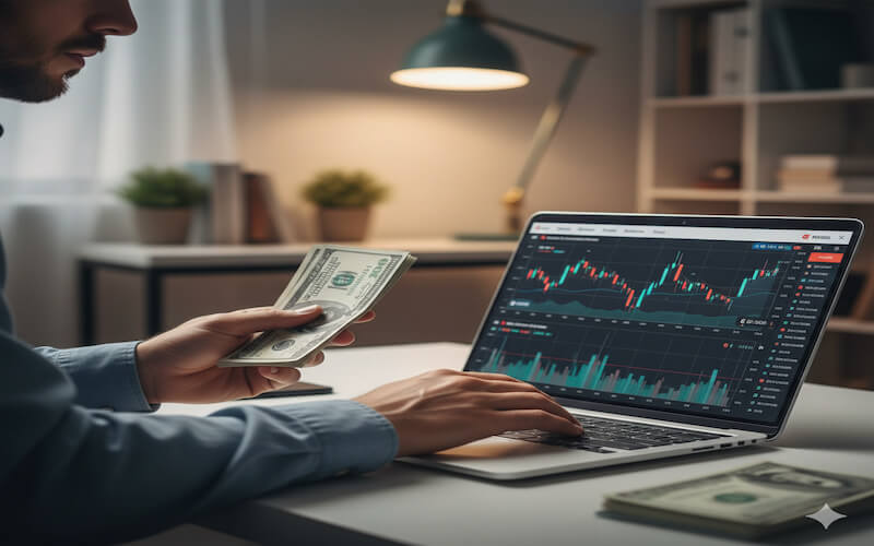 투자자가 트럼프 정책 발표 속에서도 비트코인 차트를 보며 현금(관세 충격 대비)을 확보하는 현명한 투자 전략을 취함