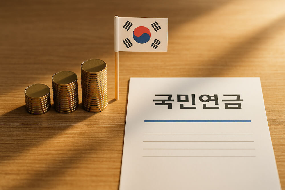 국민연금 예상 수령액을 상징하는 이미지 — 쌓여가는 동전 더미, 태극기, 국민연금 서류가 놓인 나무 책상 위 장면